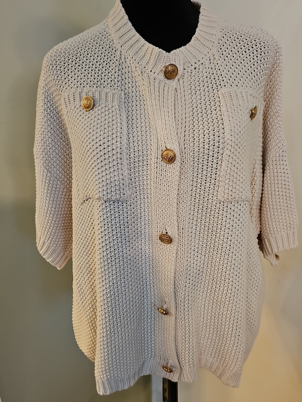 Cream Textured Knit Short Sleeve Cardigan Gold Buttons L